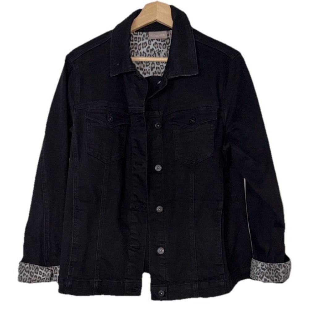 Chicos Black Denim Jacket w/ animal print accents Sz. L (2)